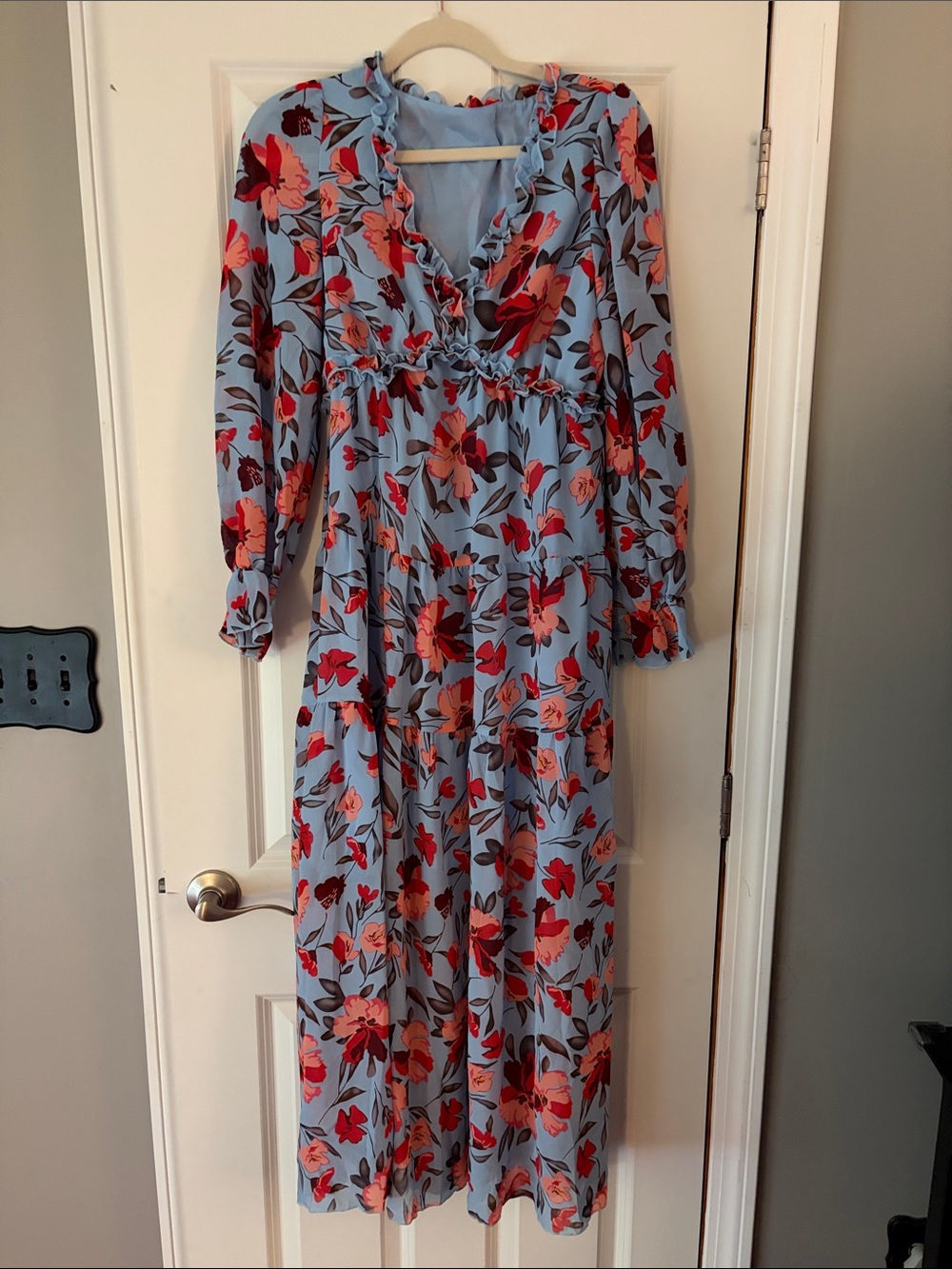 Floral Ruffle Maxi Dress in Light Blue with Red & Pink Blooms